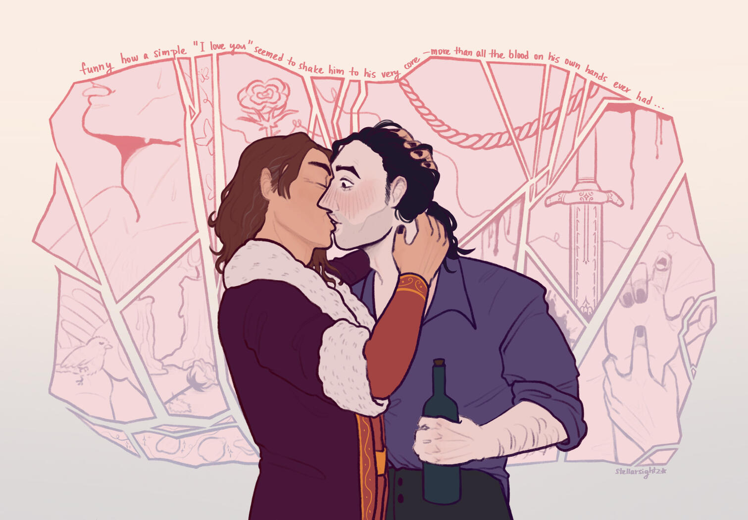 Flat half-body x2, coloured lines, complex background; minimal price 90 usd